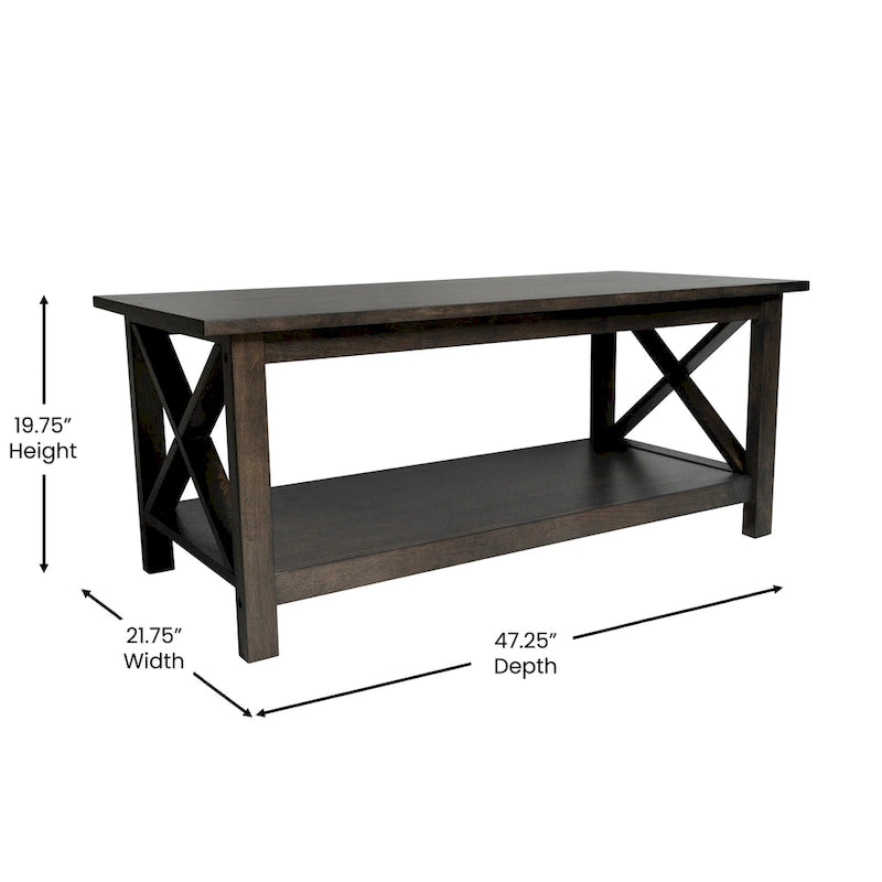 Solid Wood Farmhouse Coffee Table with X-Frame and Lower Storage Shelf