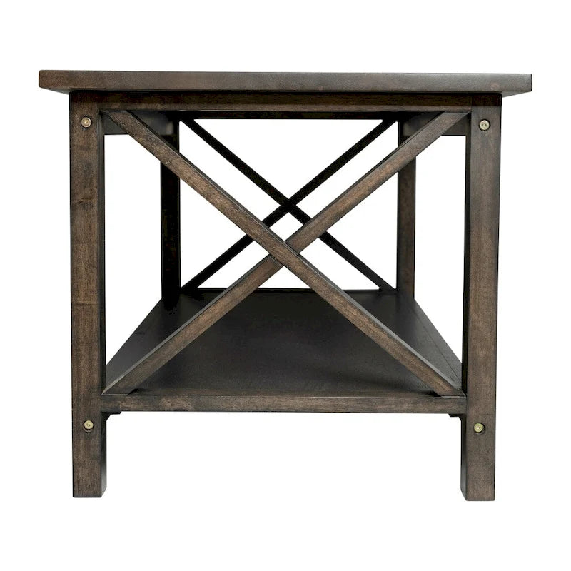 Solid Wood Farmhouse Coffee Table with X-Frame and Lower Storage Shelf
