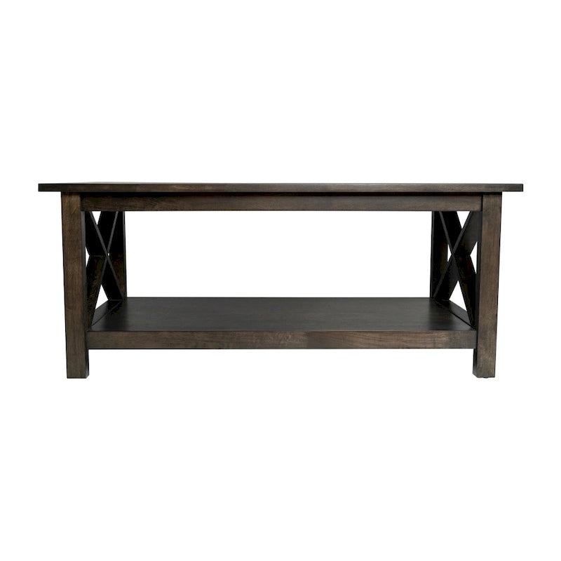 Solid Wood Farmhouse Coffee Table with X-Frame and Lower Storage Shelf
