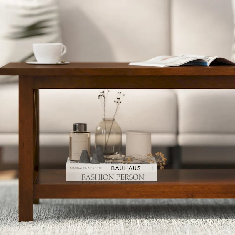 Solid Wood Farmhouse Coffee Table with X-Frame and Lower Storage Shelf