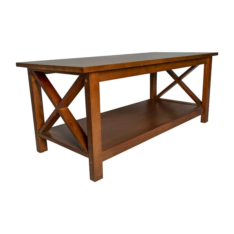 Solid Wood Farmhouse Coffee Table with X-Frame and Lower Storage Shelf