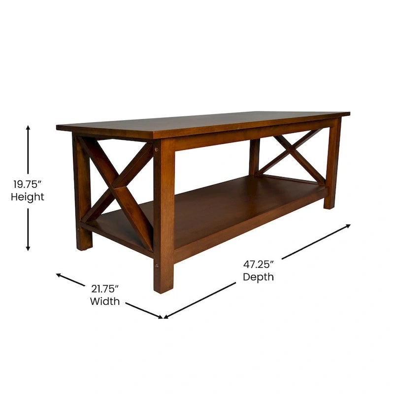 Solid Wood Farmhouse Coffee Table with X-Frame and Lower Storage Shelf