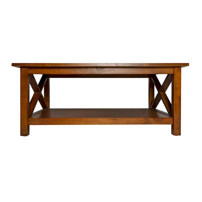 Solid Wood Farmhouse Coffee Table with X-Frame and Lower Storage Shelf