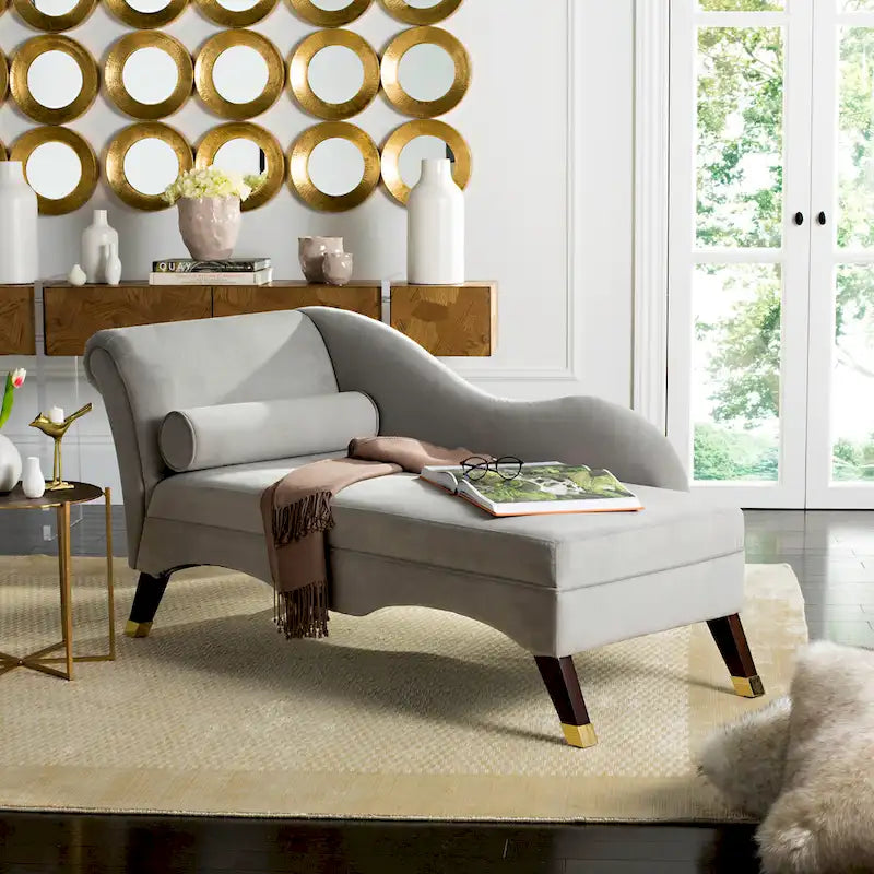 Mid-Century Upholstered Chaise Lounge with Curved Legs and Plush Pillow