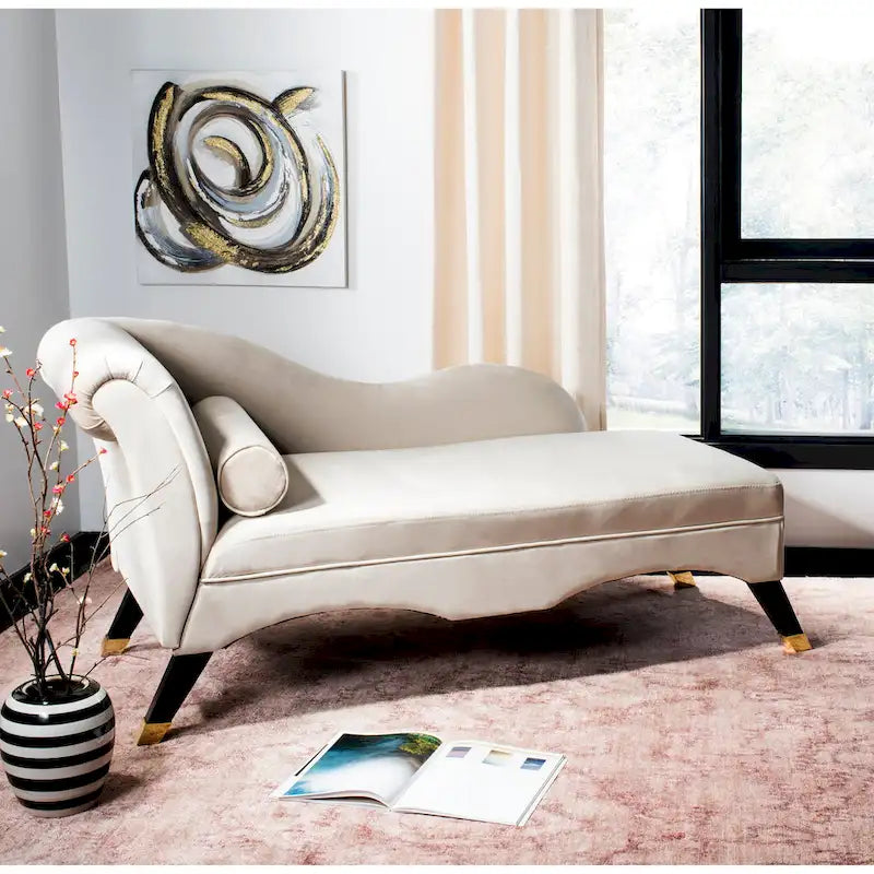 Mid-Century Upholstered Chaise Lounge with Curved Legs and Plush Pillow