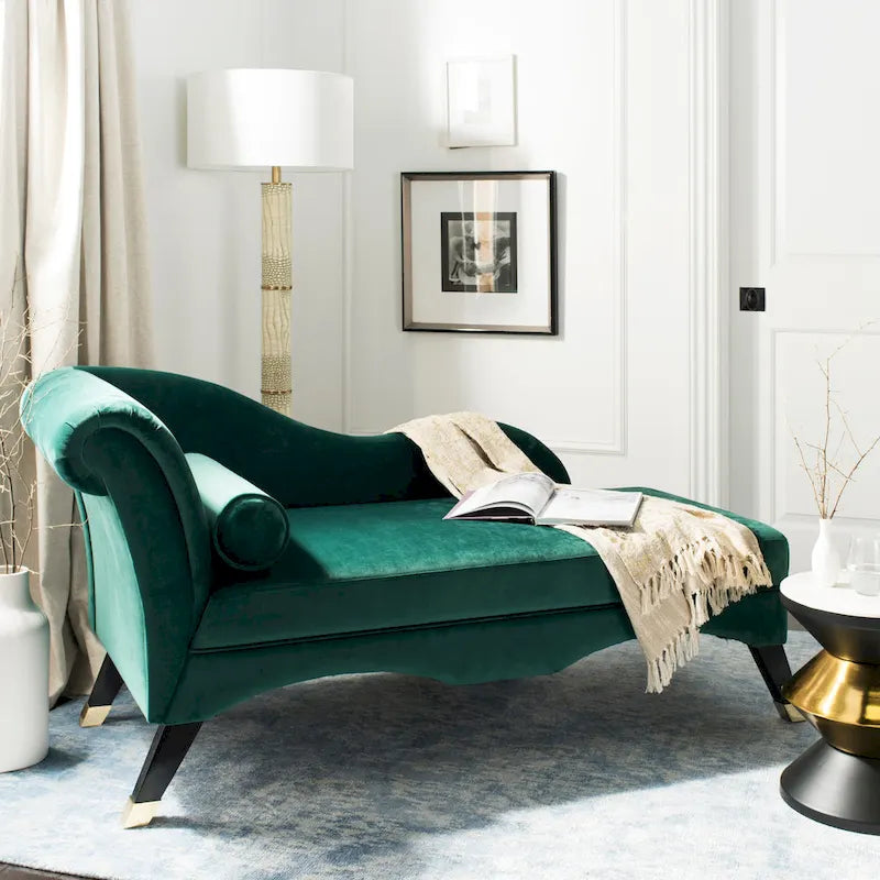 Mid-Century Upholstered Chaise Lounge with Curved Legs and Plush Pillow