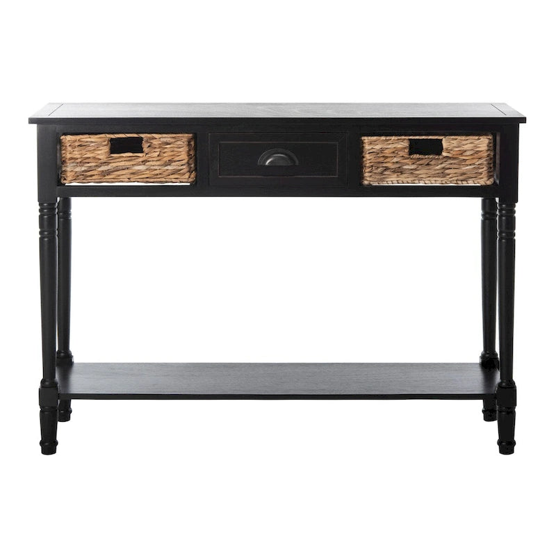 Distressed Black Console Table with Rattan Drawers and Lower Shelf, 44x13x32 Inch