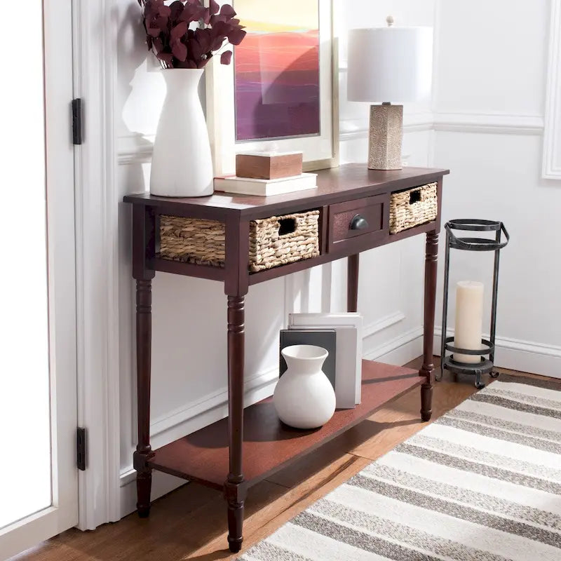 Distressed Black Console Table with Rattan Drawers and Lower Shelf, 44x13x32 Inch