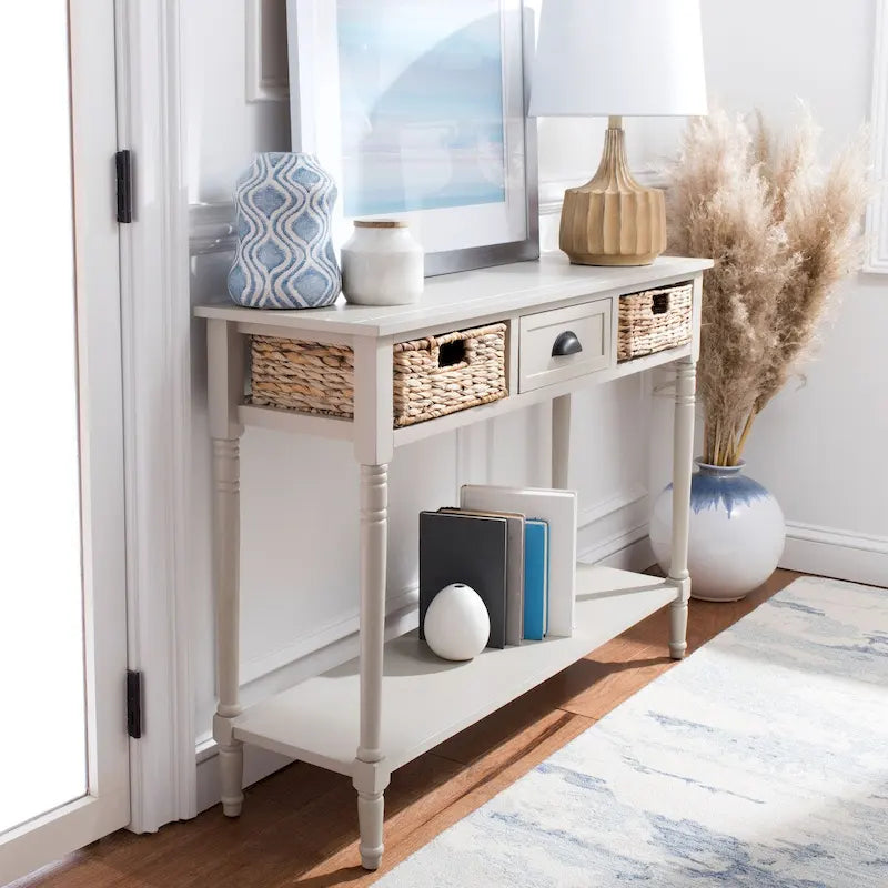 Distressed Black Console Table with Rattan Drawers and Lower Shelf, 44x13x32 Inch