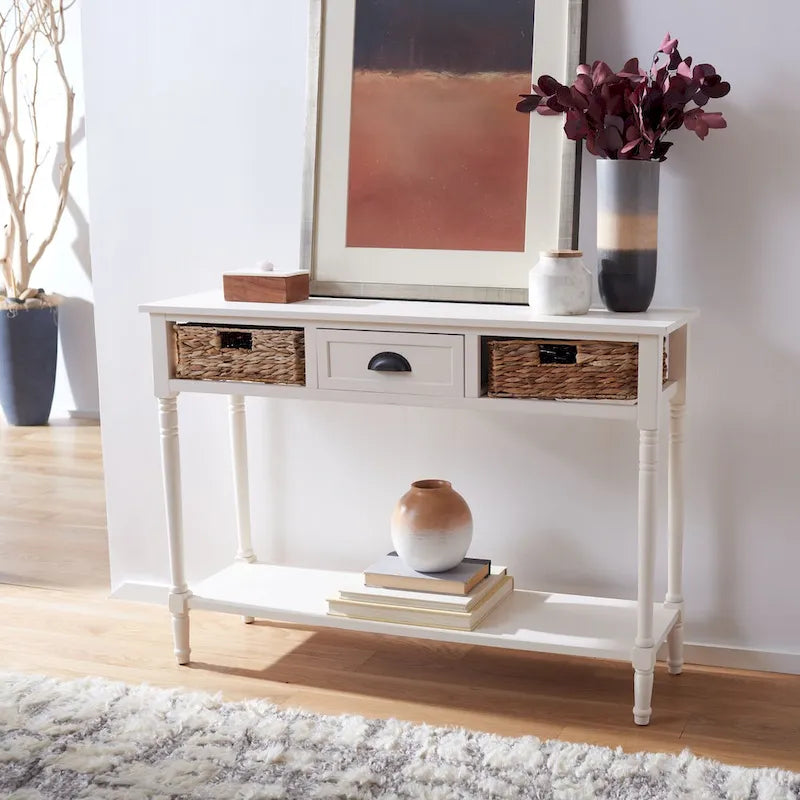 Distressed Black Console Table with Rattan Drawers and Lower Shelf, 44x13x32 Inch