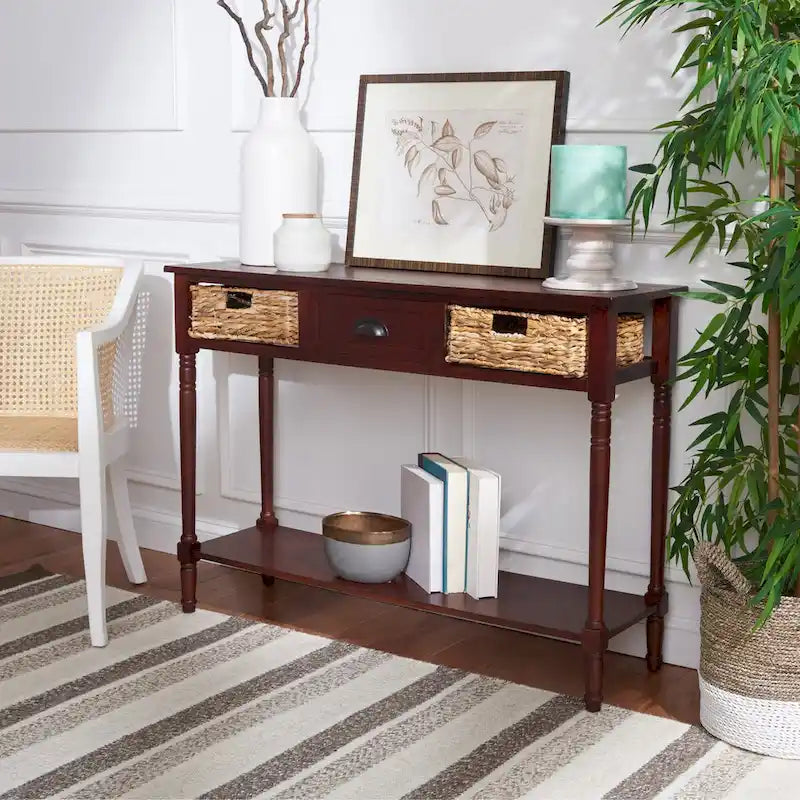 Distressed Black Console Table with Rattan Drawers and Lower Shelf, 44x13x32 Inch