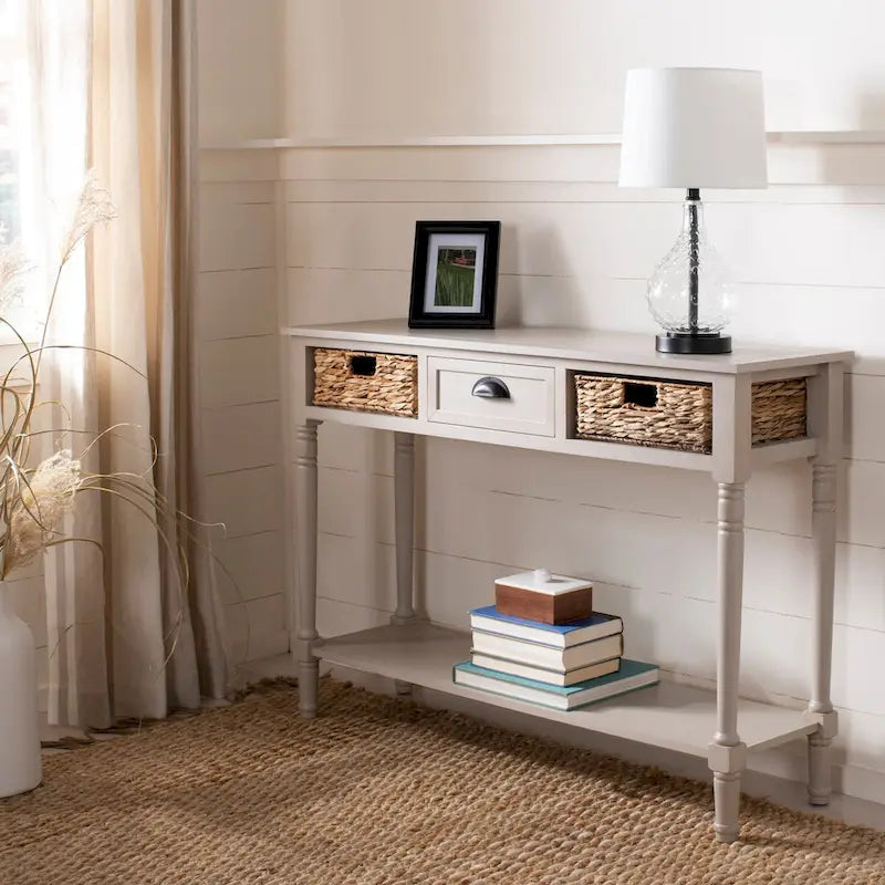 Distressed Black Console Table with Rattan Drawers and Lower Shelf, 44x13x32 Inch