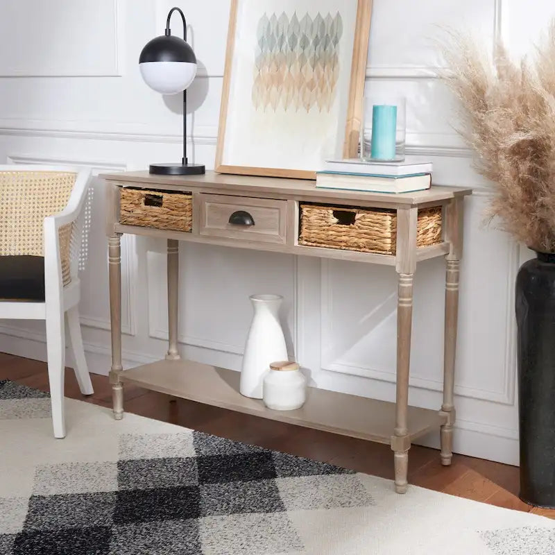 Distressed Black Console Table with Rattan Drawers and Lower Shelf, 44x13x32 Inch