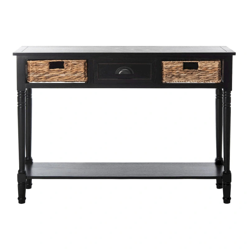 Distressed Black Console Table with Rattan Drawers and Lower Shelf, 44x13x32 Inch