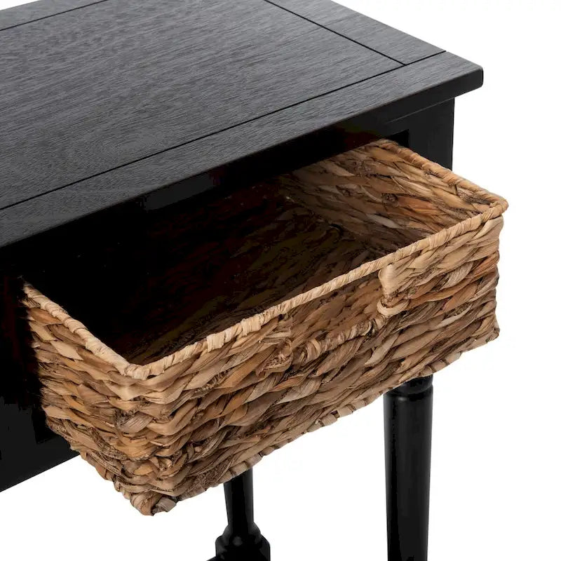Distressed Black Console Table with Rattan Drawers and Lower Shelf, 44x13x32 Inch