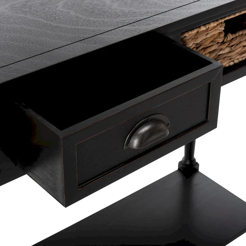 Distressed Black Console Table with Rattan Drawers and Lower Shelf, 44x13x32 Inch