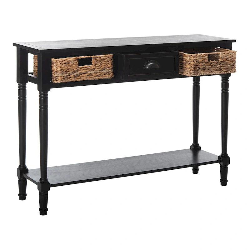 Distressed Black Console Table with Rattan Drawers and Lower Shelf, 44x13x32 Inch
