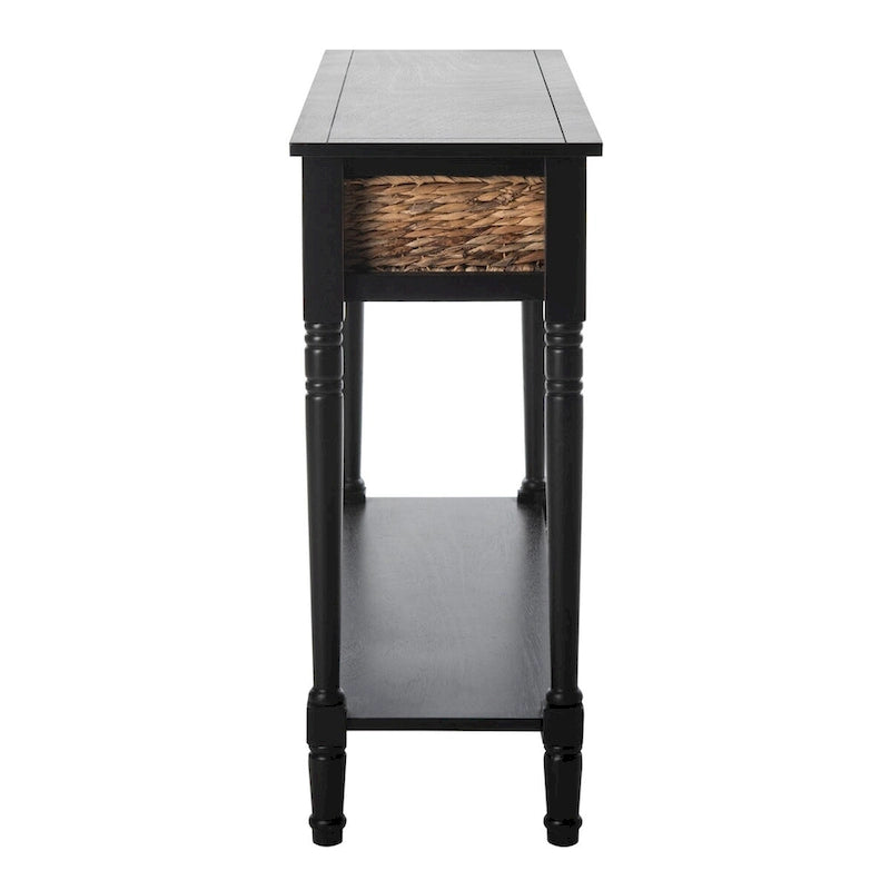 Distressed Black Console Table with Rattan Drawers and Lower Shelf, 44x13x32 Inch