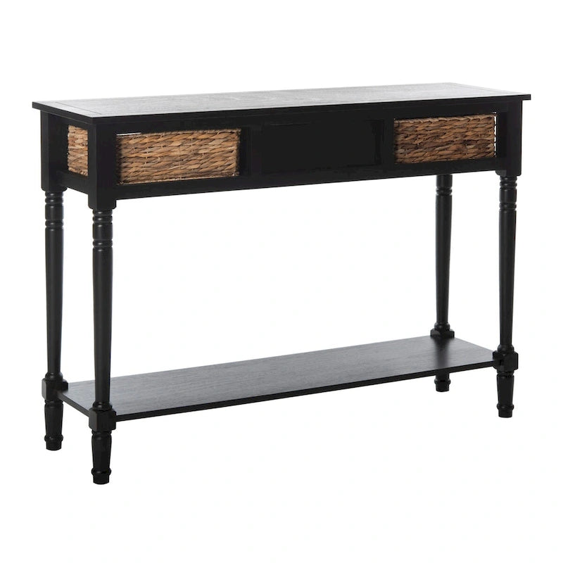 Distressed Black Console Table with Rattan Drawers and Lower Shelf, 44x13x32 Inch