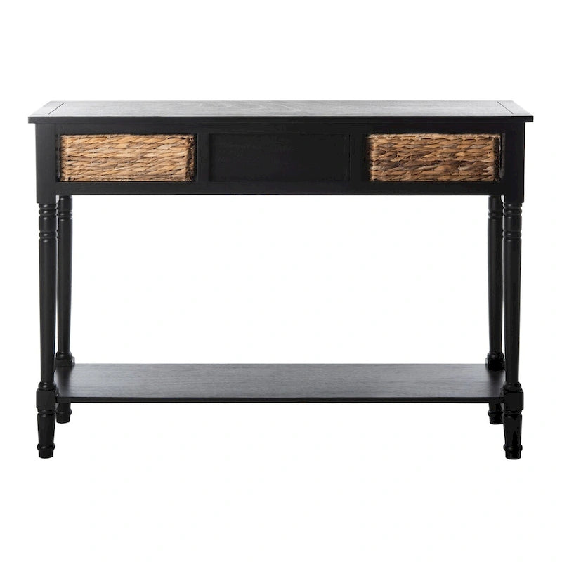 Distressed Black Console Table with Rattan Drawers and Lower Shelf, 44x13x32 Inch