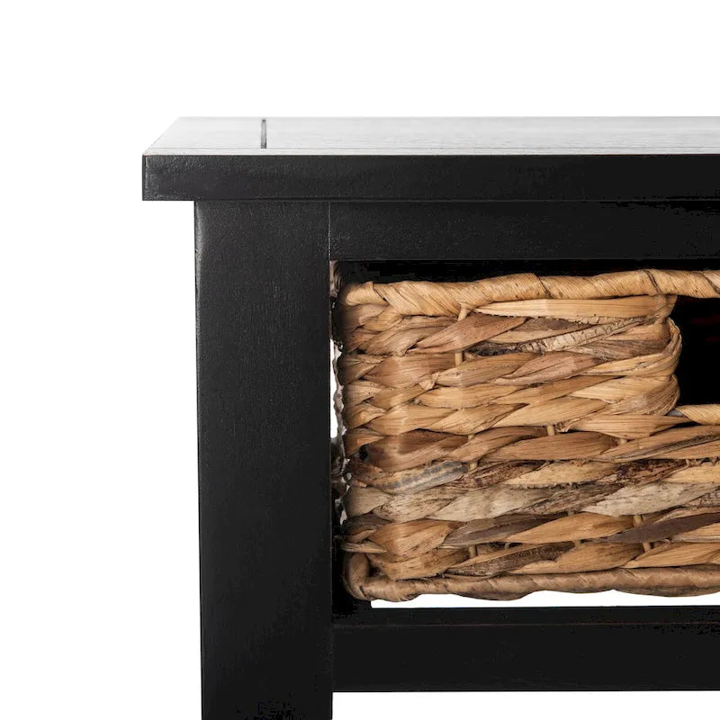 Distressed Black Console Table with Rattan Drawers and Lower Shelf, 44x13x32 Inch
