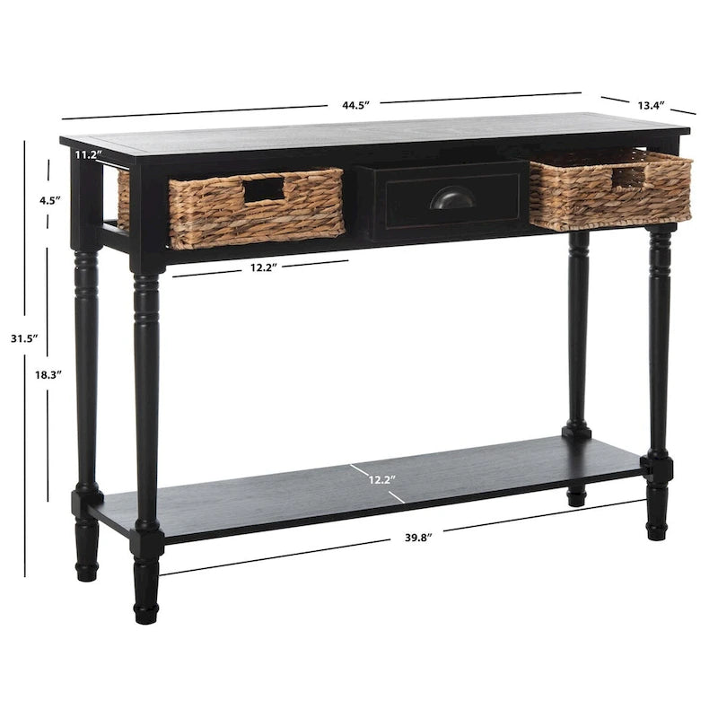 Distressed Black Console Table with Rattan Drawers and Lower Shelf, 44x13x32 Inch