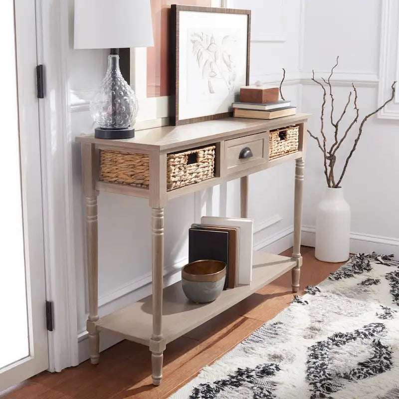 Distressed Black Console Table with Rattan Drawers and Lower Shelf, 44x13x32 Inch