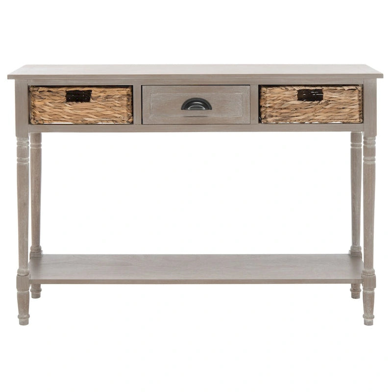 Distressed Black Console Table with Rattan Drawers and Lower Shelf, 44x13x32 Inch