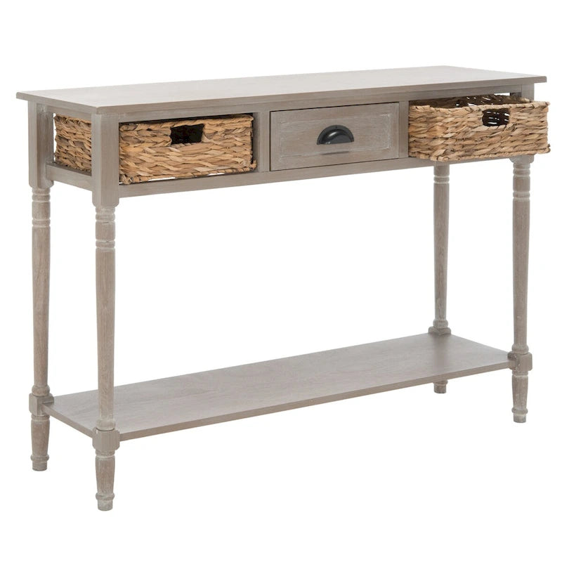 Distressed Black Console Table with Rattan Drawers and Lower Shelf, 44x13x32 Inch