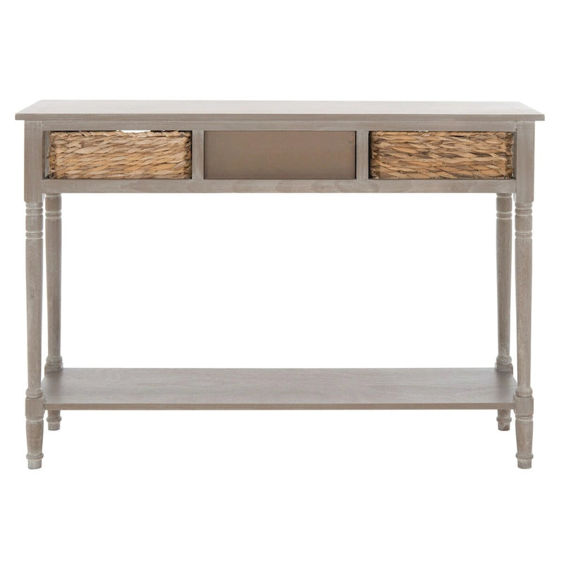 Distressed Black Console Table with Rattan Drawers and Lower Shelf, 44x13x32 Inch