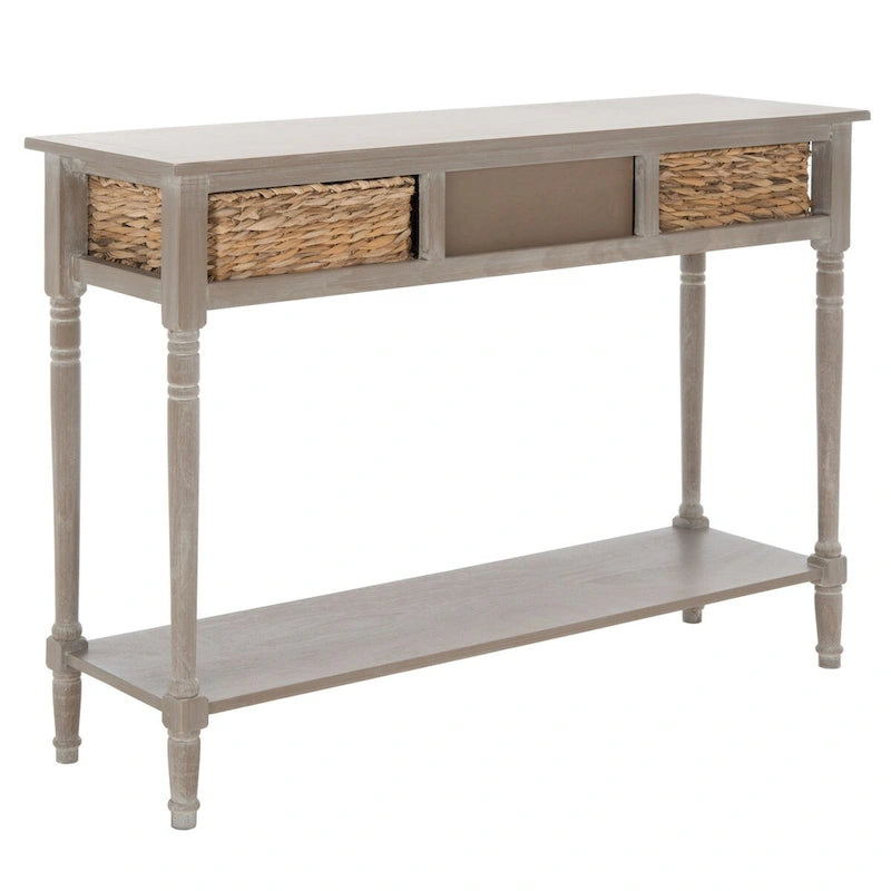 Distressed Black Console Table with Rattan Drawers and Lower Shelf, 44x13x32 Inch