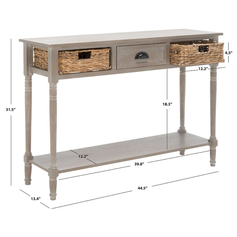Distressed Black Console Table with Rattan Drawers and Lower Shelf, 44x13x32 Inch