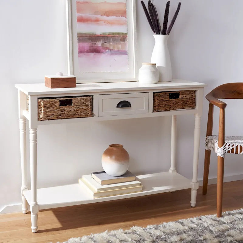 Distressed Black Console Table with Rattan Drawers and Lower Shelf, 44x13x32 Inch