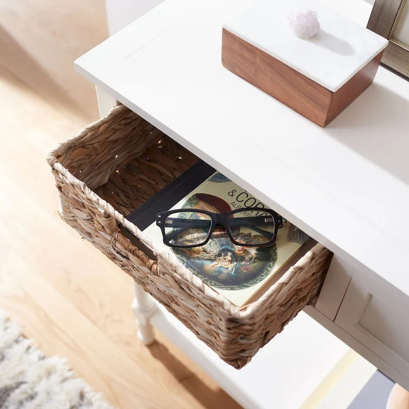 Distressed Black Console Table with Rattan Drawers and Lower Shelf, 44x13x32 Inch