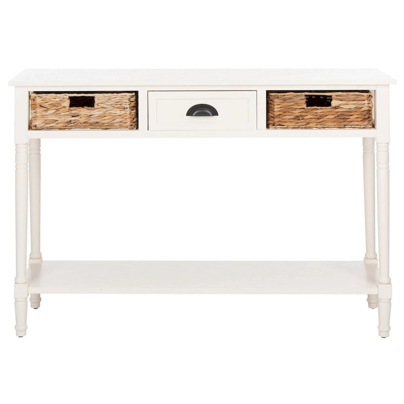 Distressed Black Console Table with Rattan Drawers and Lower Shelf, 44x13x32 Inch