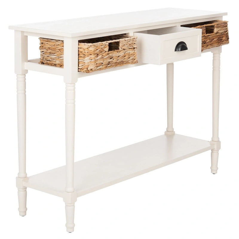 Distressed Black Console Table with Rattan Drawers and Lower Shelf, 44x13x32 Inch
