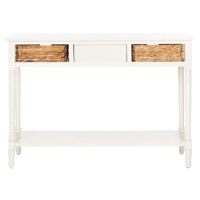 Distressed Black Console Table with Rattan Drawers and Lower Shelf, 44x13x32 Inch