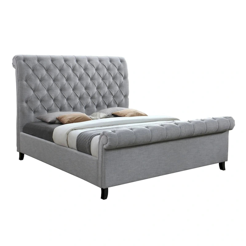 King Size Bed with Tufted Upholstered Rolled Top Headboard, Gray