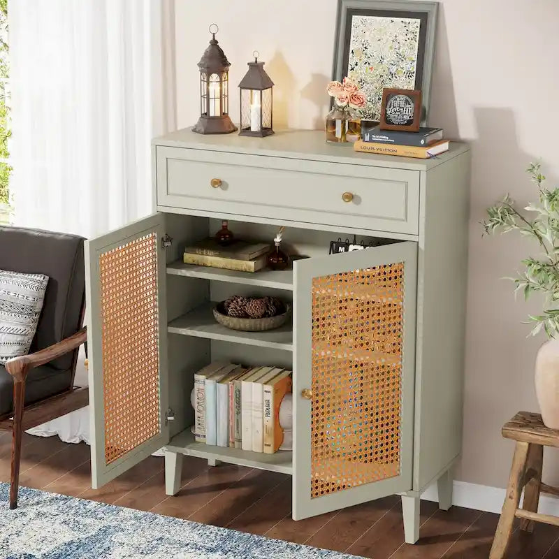 Storage Cabinet with Rattan Panel Doors, Adjustable Shelves and Drawer