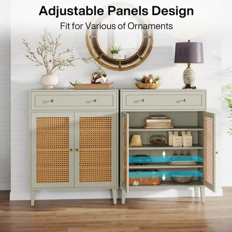 Storage Cabinet with Rattan Panel Doors, Adjustable Shelves and Drawer
