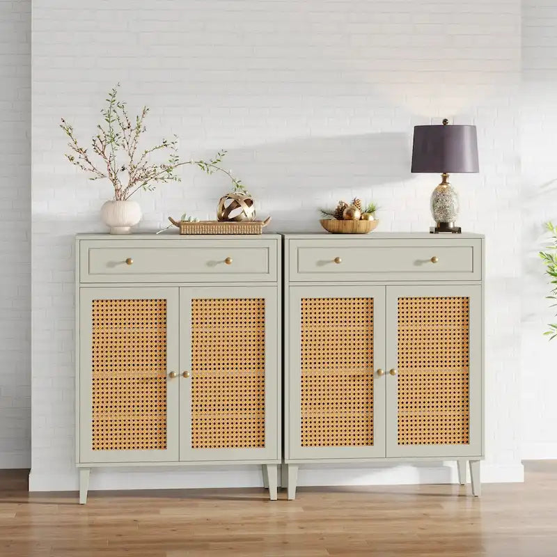 Storage Cabinet with Rattan Panel Doors, Adjustable Shelves and Drawer