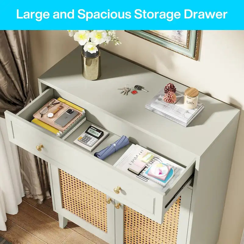 Storage Cabinet with Rattan Panel Doors, Adjustable Shelves and Drawer