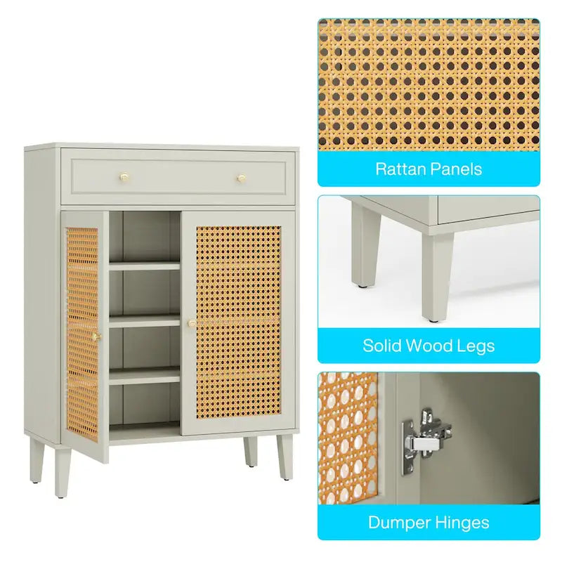 Storage Cabinet with Rattan Panel Doors, Adjustable Shelves and Drawer