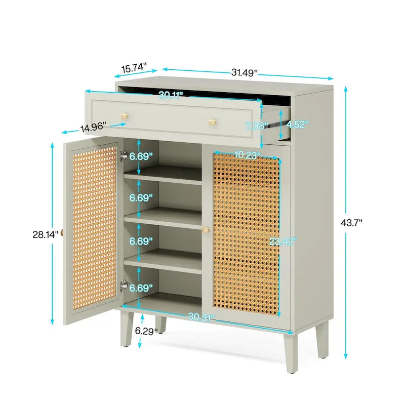 Storage Cabinet with Rattan Panel Doors, Adjustable Shelves and Drawer