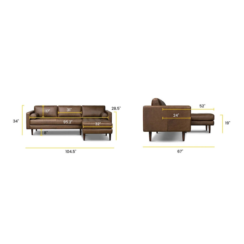104-Inch Right-Facing Sectional Sofa in Full-Grain Italian Leather with Chaise