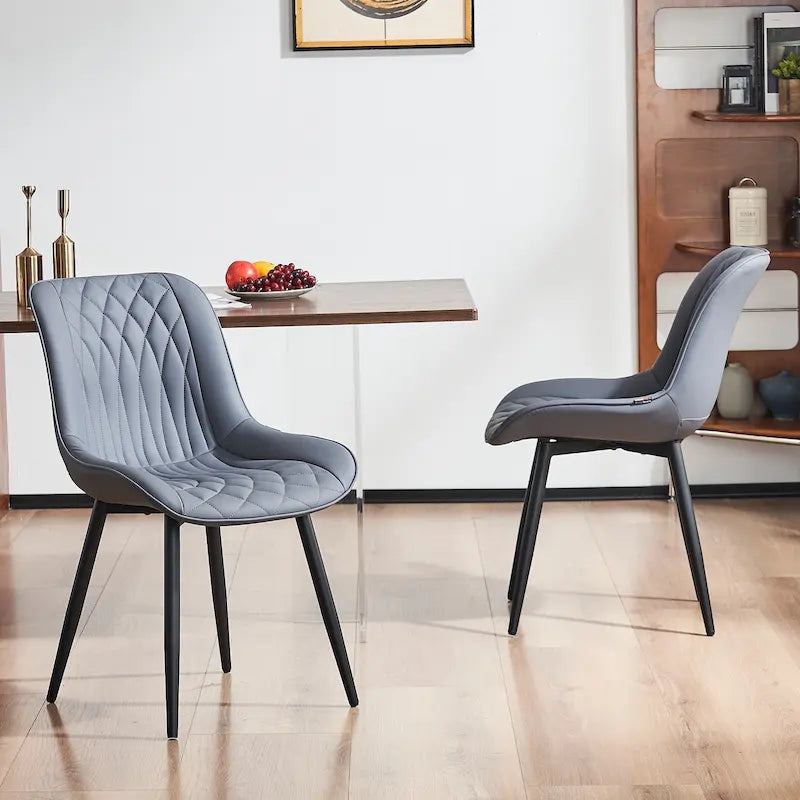 Leather Upholstered Dining Chairs with Diamond Stitching and Metal Legs, Set of 2