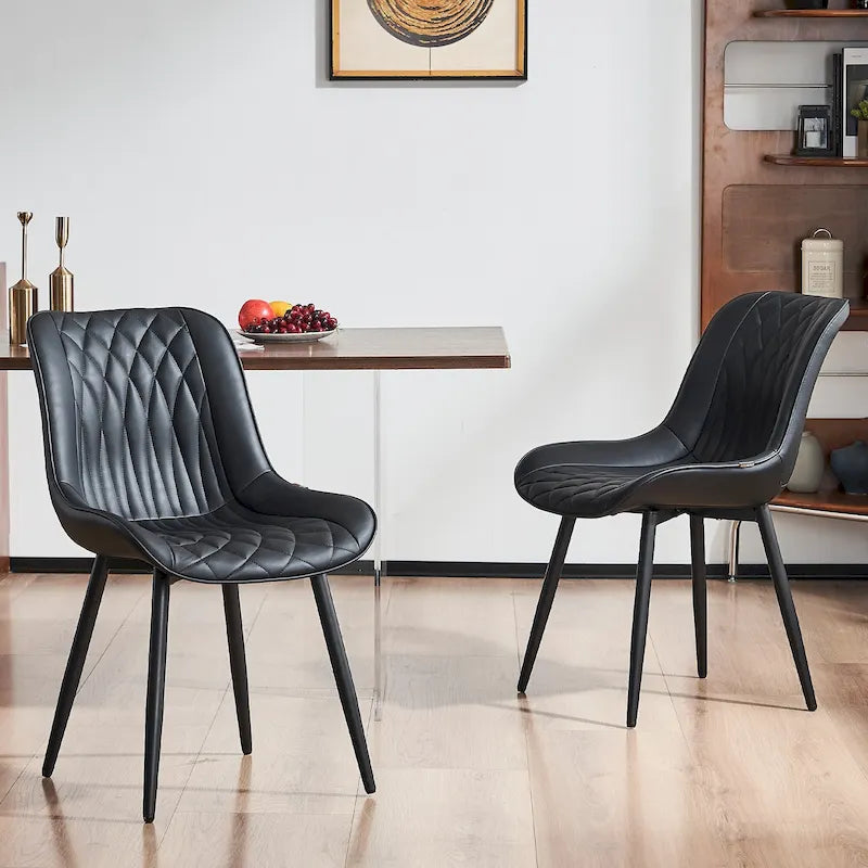 Leather Upholstered Dining Chairs with Diamond Stitching and Metal Legs, Set of 2