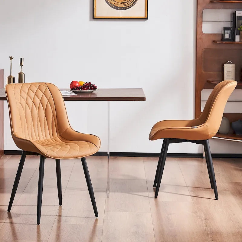 Leather Upholstered Dining Chairs with Diamond Stitching and Metal Legs, Set of 2
