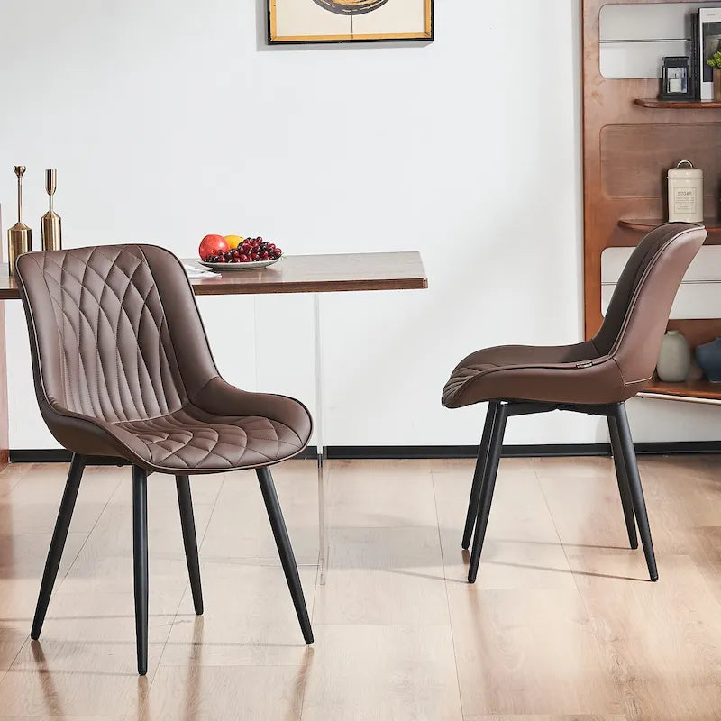 Leather Upholstered Dining Chairs with Diamond Stitching and Metal Legs, Set of 2