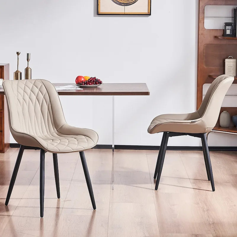 Leather Upholstered Dining Chairs with Diamond Stitching and Metal Legs, Set of 2